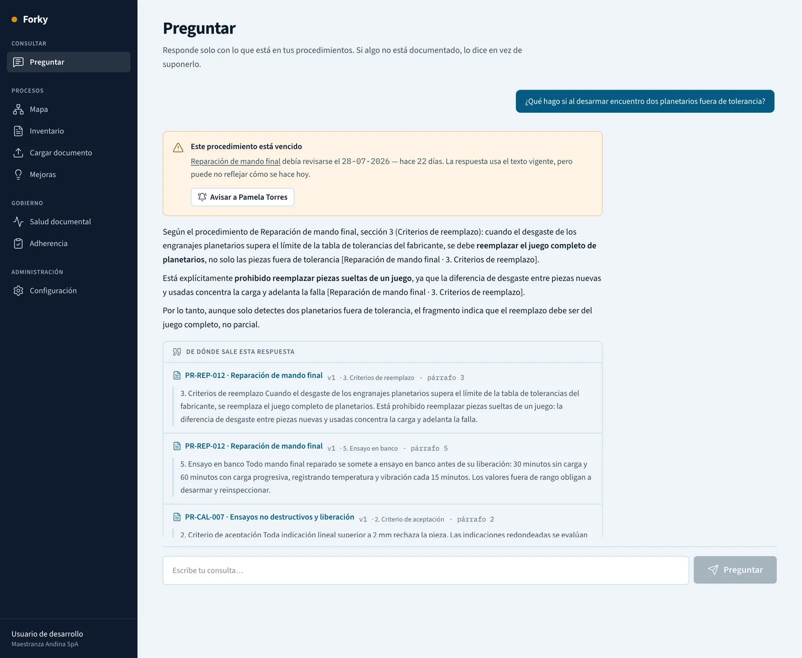 Respuesta de Forky con la advertencia de vigencia arriba y el extracto textual del procedimiento debajo