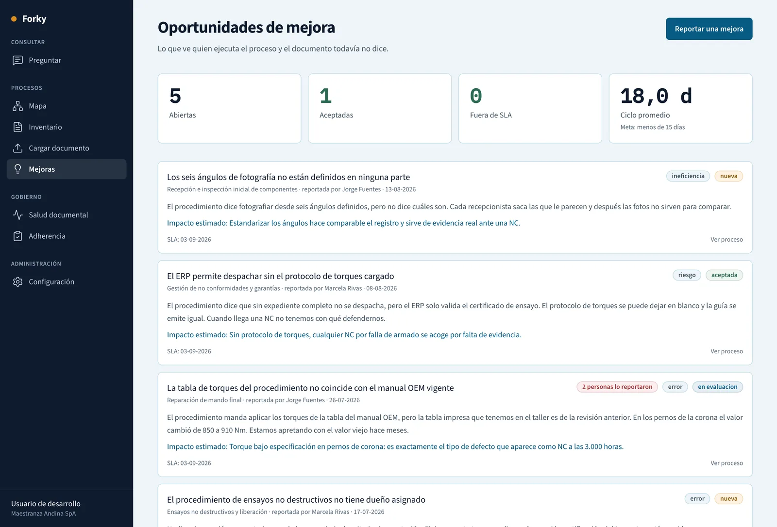 Bandeja de oportunidades de mejora clasificadas por tipo e impacto